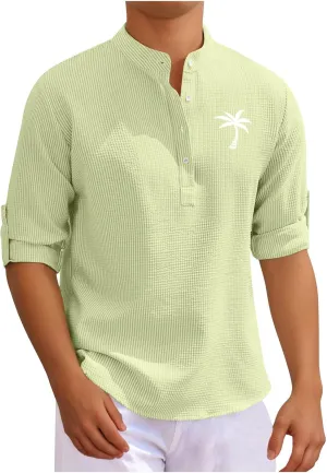 Mens 3/4 Sleeve Shirts Mock Turtleneck Coconut Tree Print Summer Henley Shirt Casual Waffle Roll Up Sleeve Beach Tops