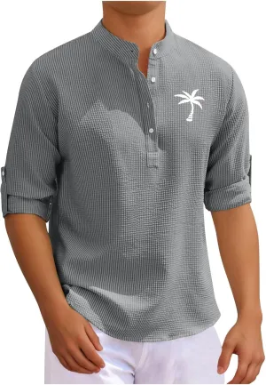 Mens 3/4 Sleeve Shirts Mock Turtleneck Coconut Tree Print Summer Henley Shirt Casual Waffle Roll Up Sleeve Beach Tops