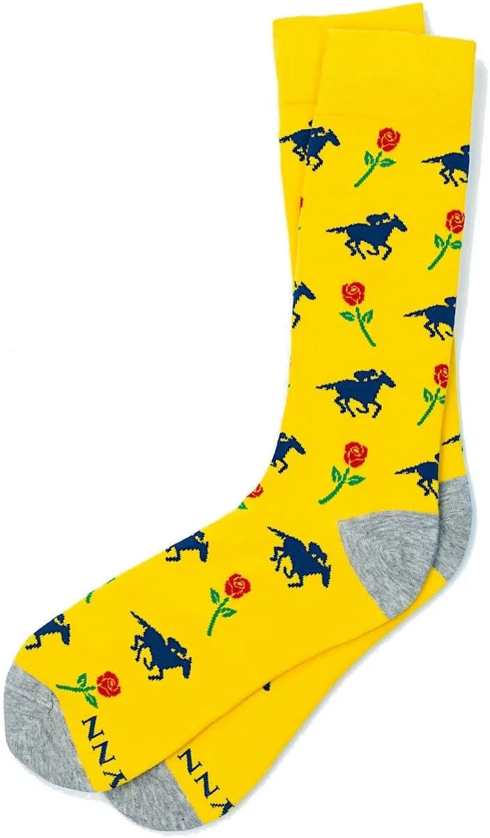 Men's Alynn Yellow Hipster Victory Rose Horse Derby Day Racing Novelty Crew Dress Socks