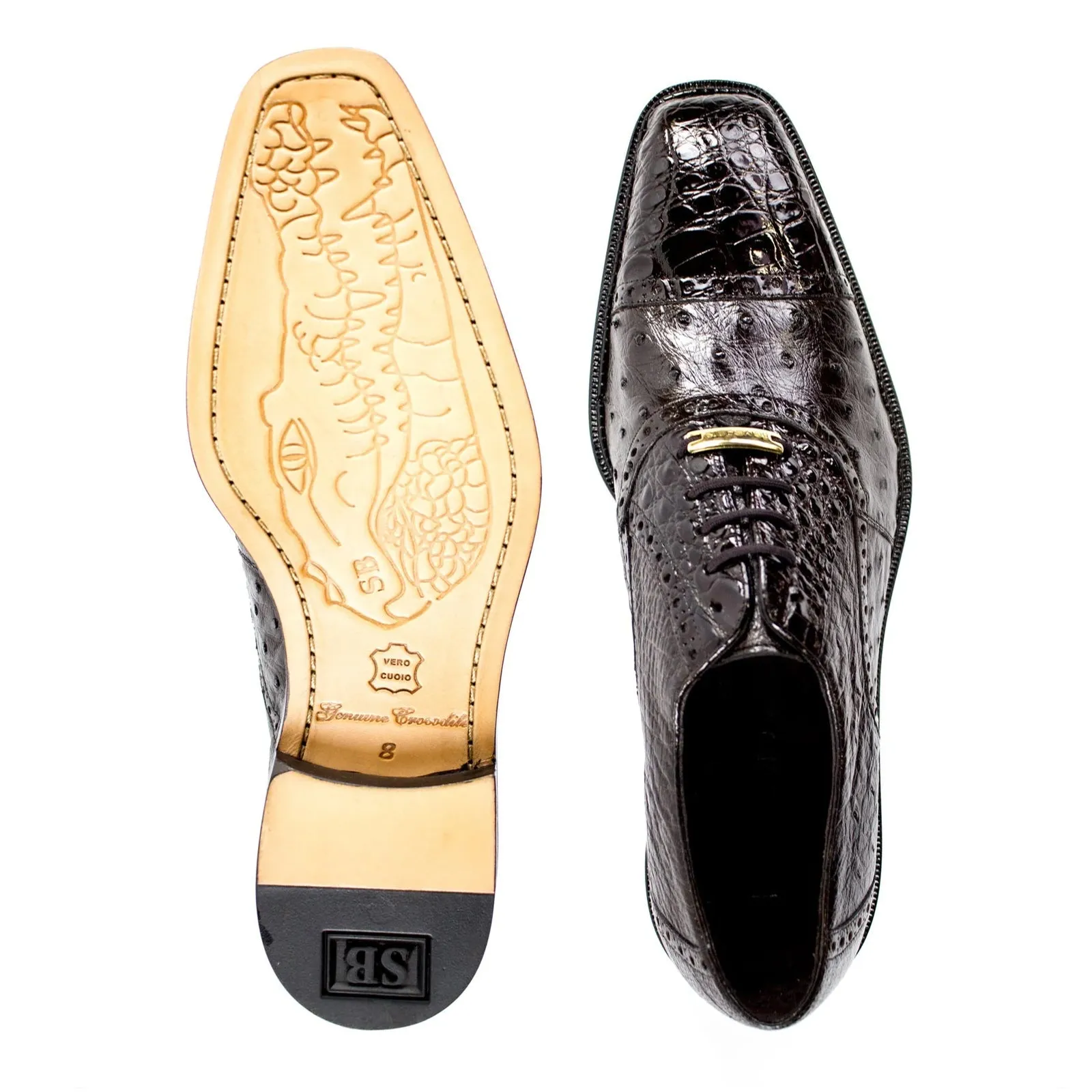 Men's Belvedere Onesto Ostrich Quill & Crocodile Cap Toe Dress Shoe in Brown