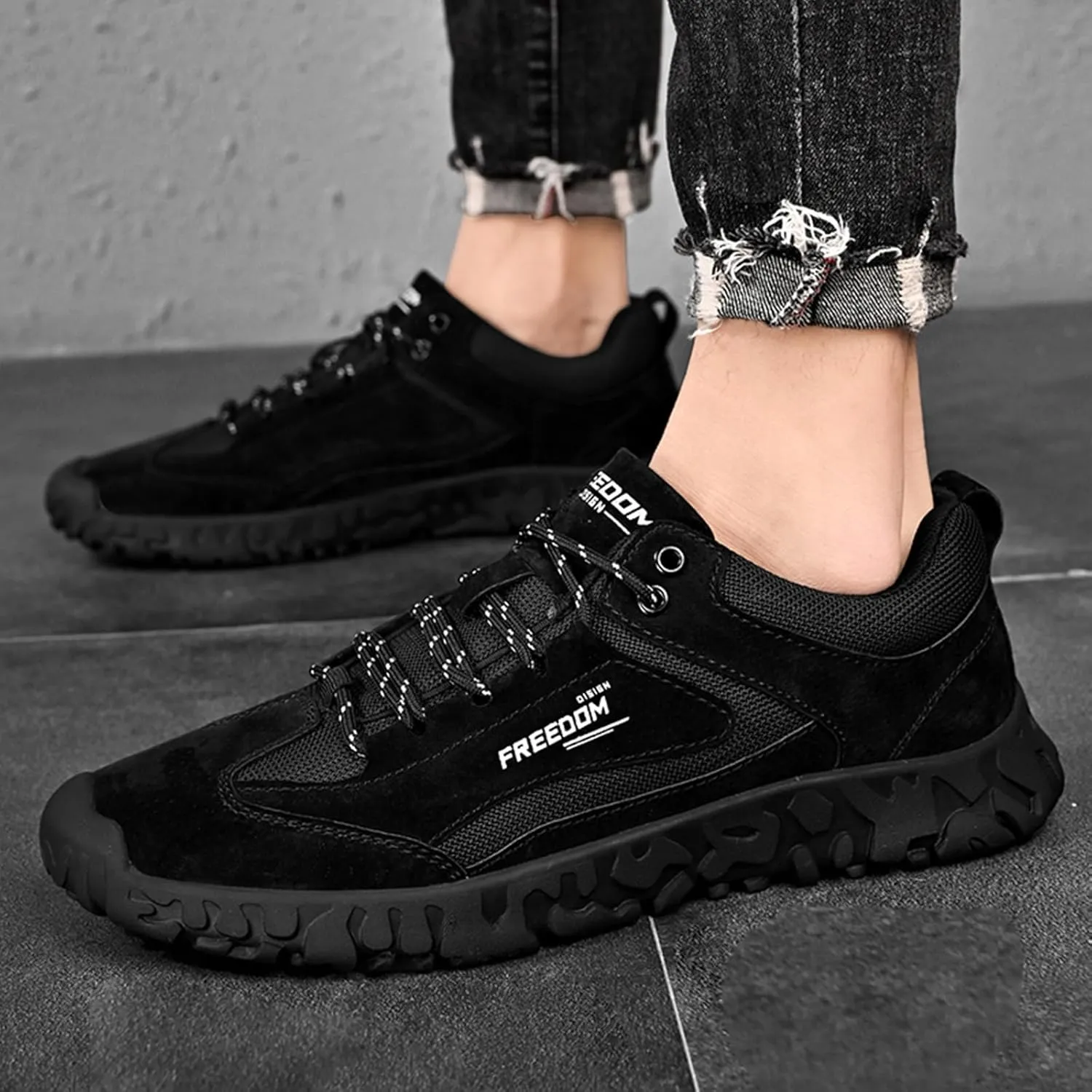 Men's Classic Outdoor Low-Top Suede Drawstring Sneakers,Summer Breathable Mesh Non-Slip Lightweight Casual Slip-on Sports Trail Shoes for Hiking & Walking
