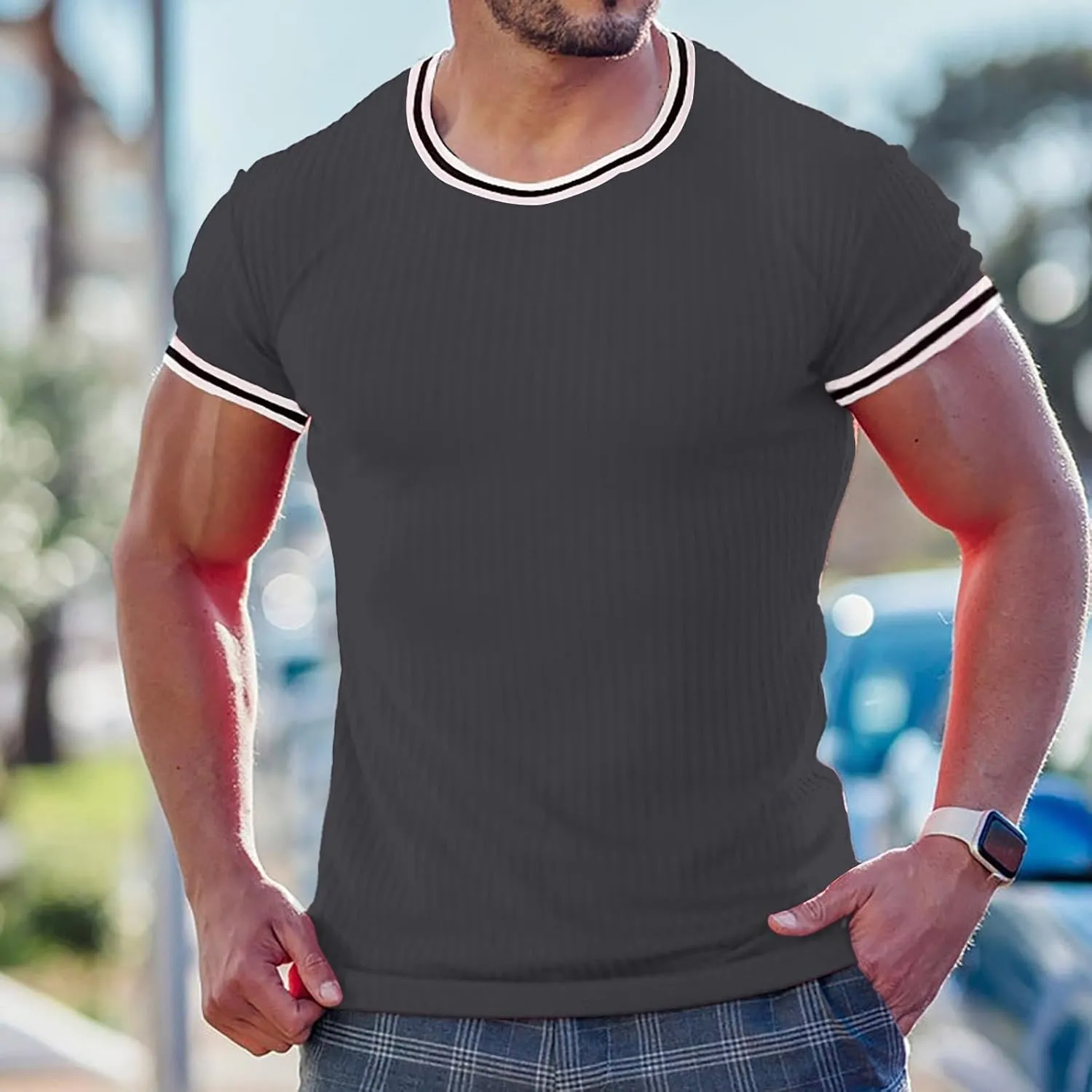 Men's Compression Shirts Knit Ribbed Stretch Short Sleeve Muscle T-Shirts Summer Casual Workout Sport Undershirts