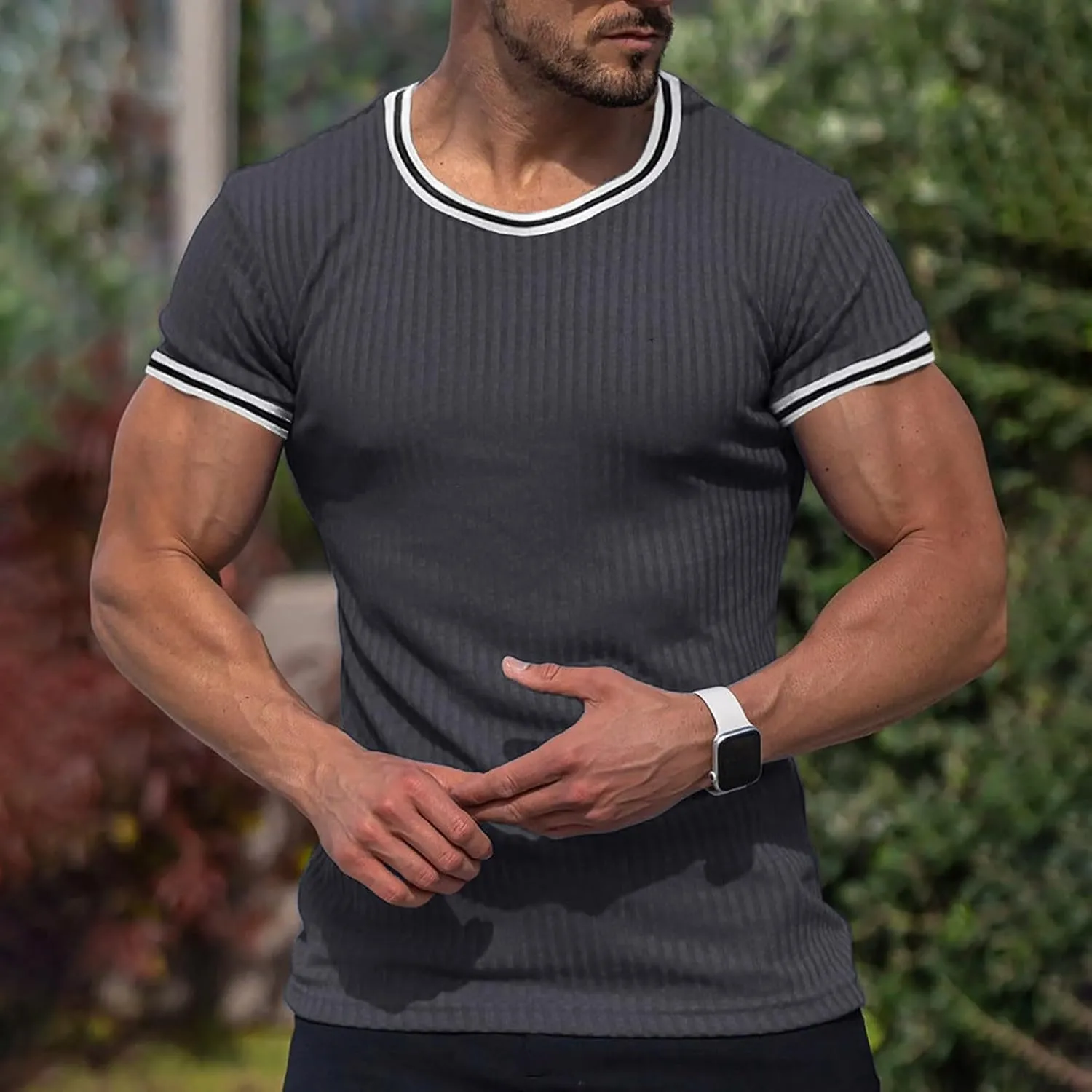 Men's Compression Shirts Knit Ribbed Stretch Short Sleeve Muscle T-Shirts Summer Casual Workout Sport Undershirts