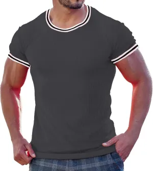 Men's Compression Shirts Knit Ribbed Stretch Short Sleeve Muscle T-Shirts Summer Casual Workout Sport Undershirts