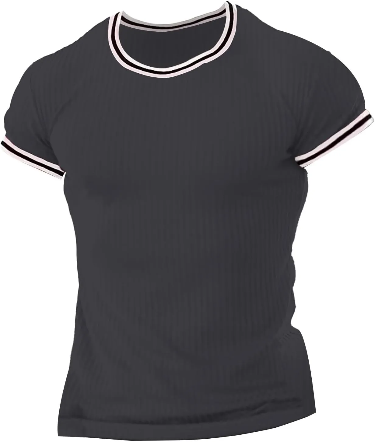 Men's Compression Shirts Knit Ribbed Stretch Short Sleeve Muscle T-Shirts Summer Casual Workout Sport Undershirts