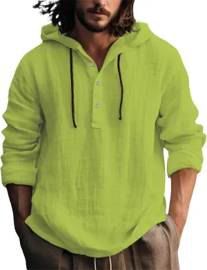 Mens Cotton Linen Shirts with Hood Long Sleeve Button Down Summer Tops Roll-Up Sleeve Lightweight Dry Fit Beach Tees