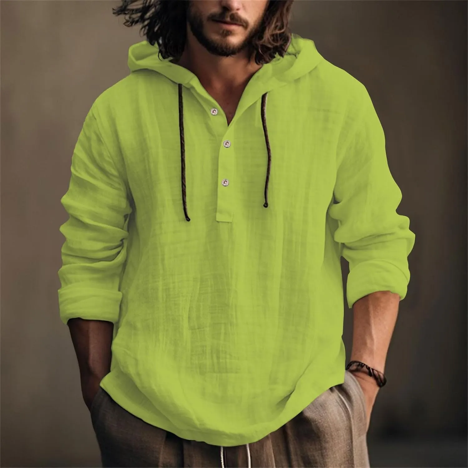 Mens Cotton Linen Shirts with Hood Long Sleeve Button Down Summer Tops Roll-Up Sleeve Lightweight Dry Fit Beach Tees
