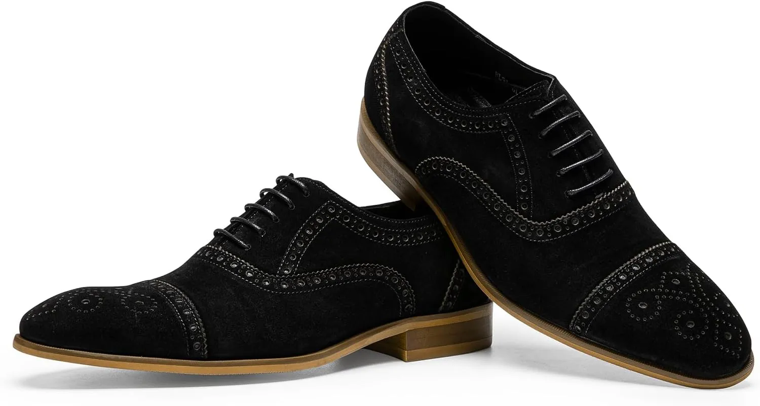 Men's Dress Shoes - Cap Toe Brogue Oxfords in Genuine Leather | Classic Dress Shoes with Decorative Perforations