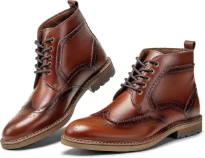 Mens Fashion Dress Boots - Black Genuine Leather Classic Brogue Style Oxford Ankle Boots