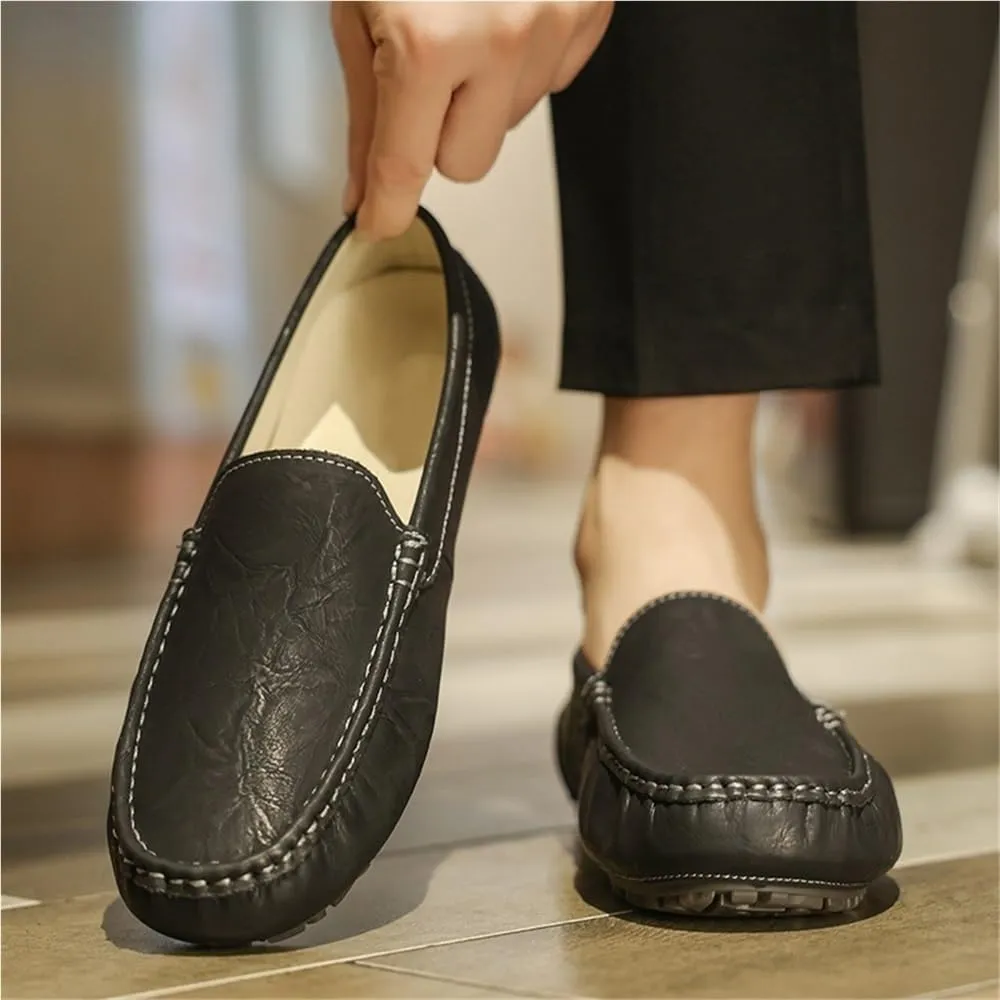Mens Faux Leather Moccasin Loafers Slip On Round Toe Lightweight Flat Heel Flexible Comfortable Walking Casual Shoes
