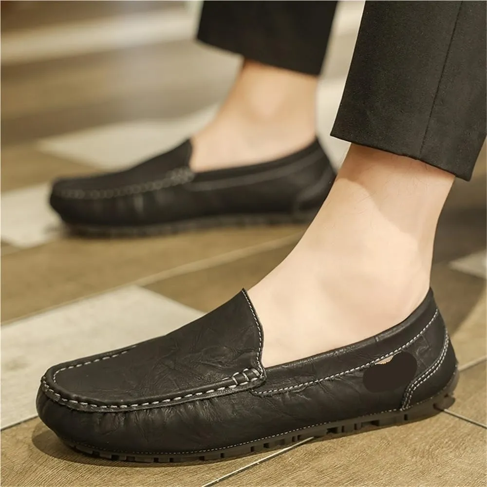 Mens Faux Leather Moccasin Loafers Slip On Round Toe Lightweight Flat Heel Flexible Comfortable Walking Casual Shoes