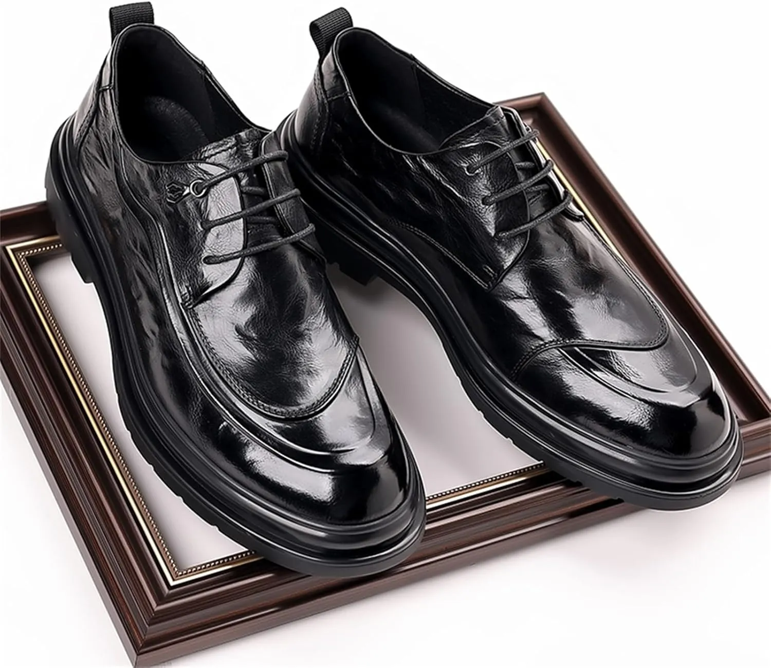 Mens Genuine Leather Lace Up Dress Oxfords Shoes Retro Round Toe Low Cut Loafers Non Slip Lug Sole Casual Business Work Formal Derby Shoes