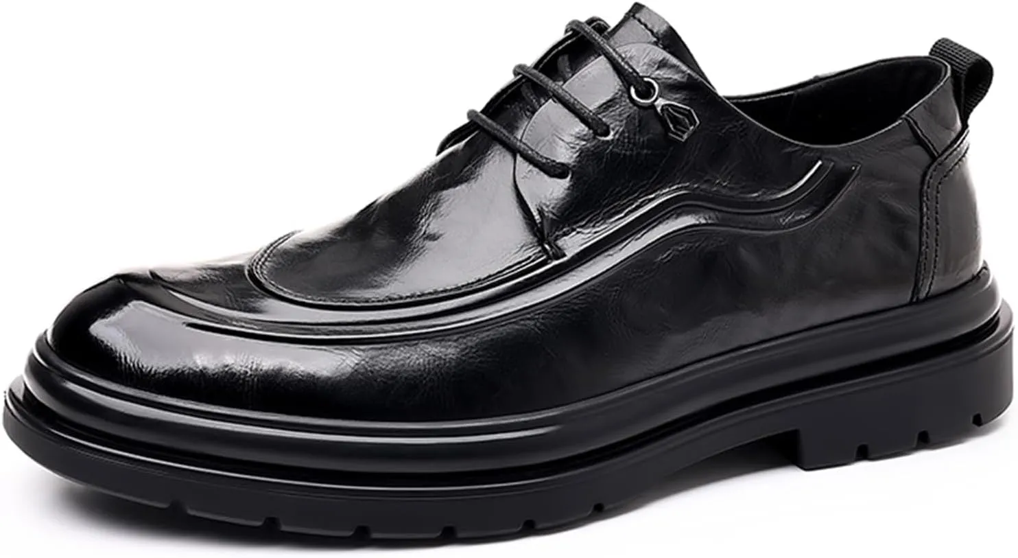 Mens Genuine Leather Lace Up Dress Oxfords Shoes Retro Round Toe Low Cut Loafers Non Slip Lug Sole Casual Business Work Formal Derby Shoes