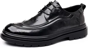 Mens Genuine Leather Lace Up Dress Oxfords Shoes Retro Round Toe Low Cut Loafers Non Slip Lug Sole Casual Business Work Formal Derby Shoes