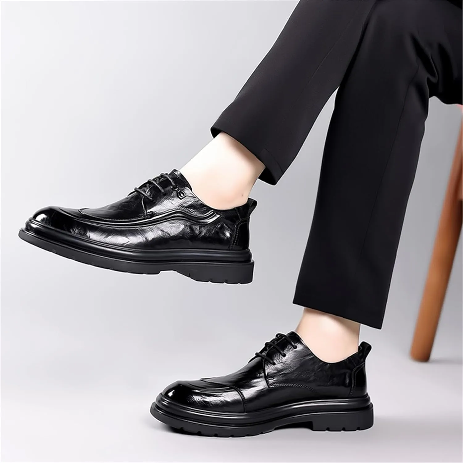Mens Genuine Leather Lace Up Dress Oxfords Shoes Retro Round Toe Low Cut Loafers Non Slip Lug Sole Casual Business Work Formal Derby Shoes