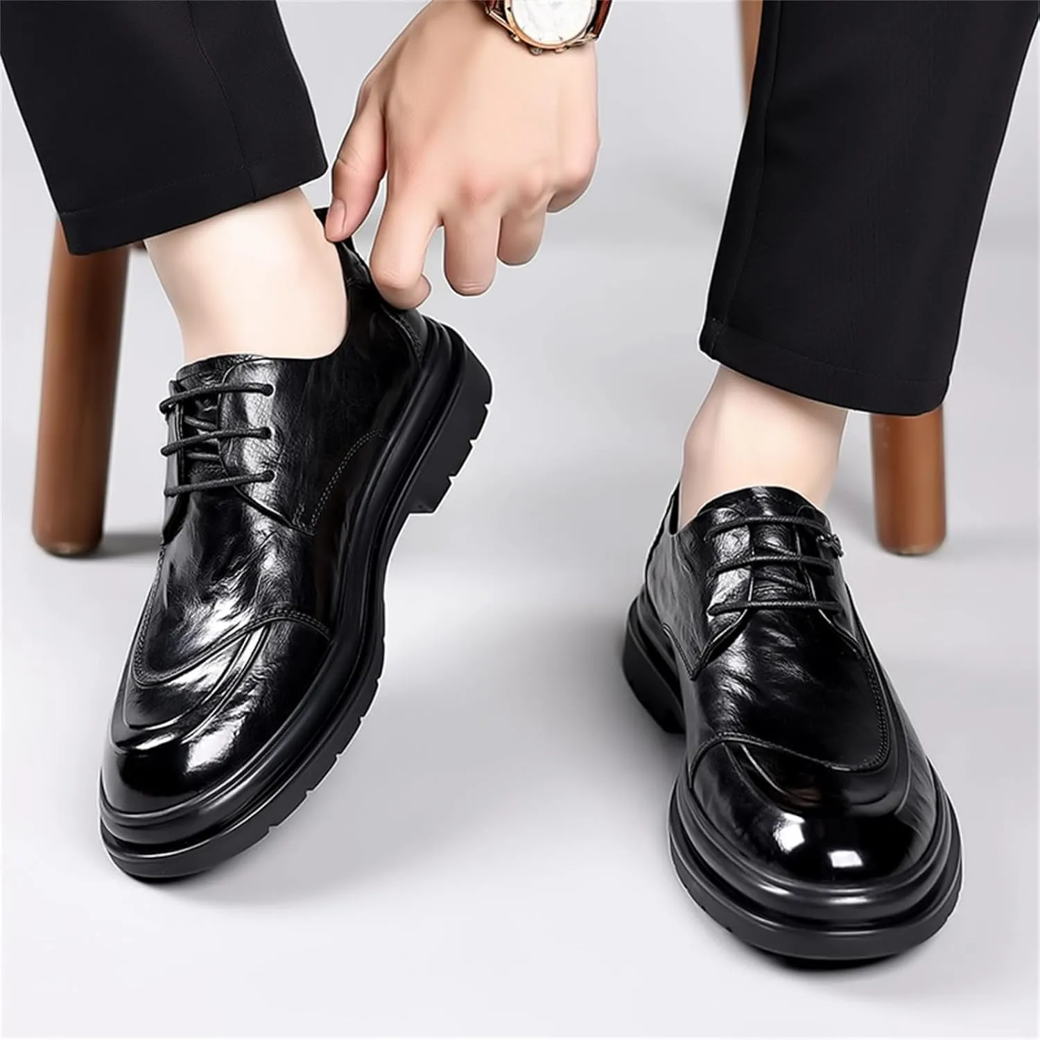 Mens Genuine Leather Lace Up Dress Oxfords Shoes Retro Round Toe Low Cut Loafers Non Slip Lug Sole Casual Business Work Formal Derby Shoes