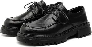 Men's Genuine Leather Lace-Up Platform Oxfords Comfortable Round Toe Slip On Lug Sole Low Heel Business Formal Derby Shoes Winter Warm Plush Lininganti-Slip Work Shoes