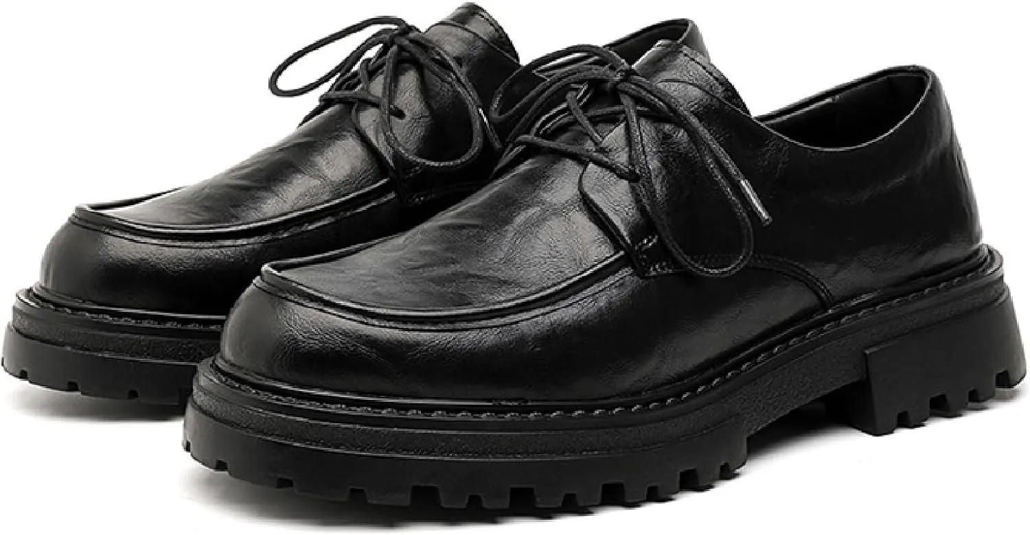 Men's Genuine Leather Lace-Up Platform Oxfords Comfortable Round Toe Slip On Lug Sole Low Heel Business Formal Derby Shoes Winter Warm Plush Lininganti-Slip Work Shoes