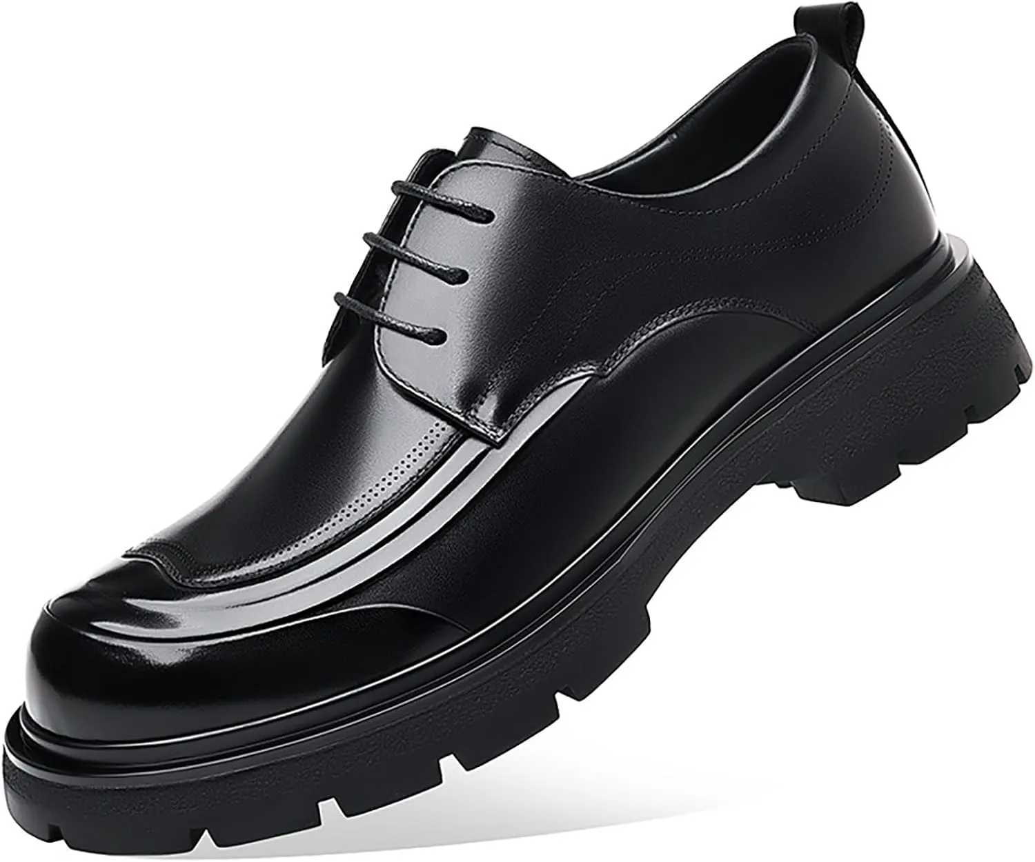 Men's Genuine Leather Platform Chunky Heel Oxford Shoes Classic Casual Lace Up Round Toe Lug Sole Dress Derby Shoes Work Office Business Height-Increasing Shoes