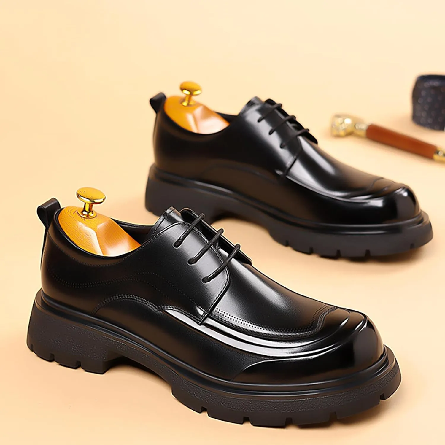Men's Genuine Leather Platform Chunky Heel Oxford Shoes Classic Casual Lace Up Round Toe Lug Sole Dress Derby Shoes Work Office Business Height-Increasing Shoes