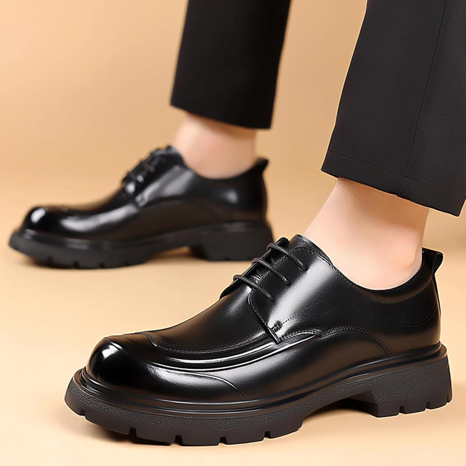 Men's Genuine Leather Platform Chunky Heel Oxford Shoes Classic Casual Lace Up Round Toe Lug Sole Dress Derby Shoes Work Office Business Height-Increasing Shoes