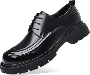 Men's Genuine Leather Platform Chunky Heel Oxford Shoes Classic Casual Lace Up Round Toe Lug Sole Dress Derby Shoes Work Office Business Height-Increasing Shoes