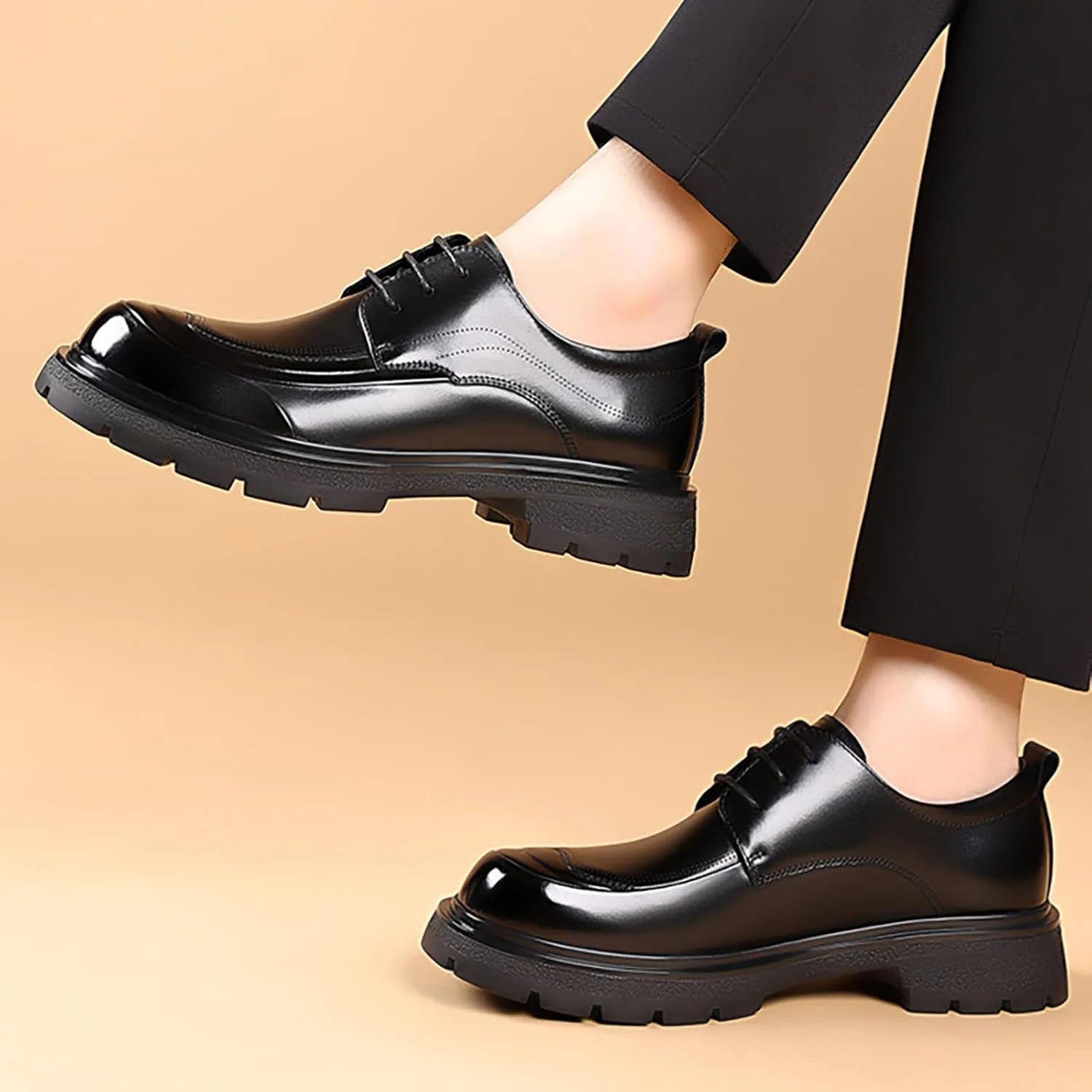 Men's Genuine Leather Platform Chunky Heel Oxford Shoes Classic Casual Lace Up Round Toe Lug Sole Dress Derby Shoes Work Office Business Height-Increasing Shoes