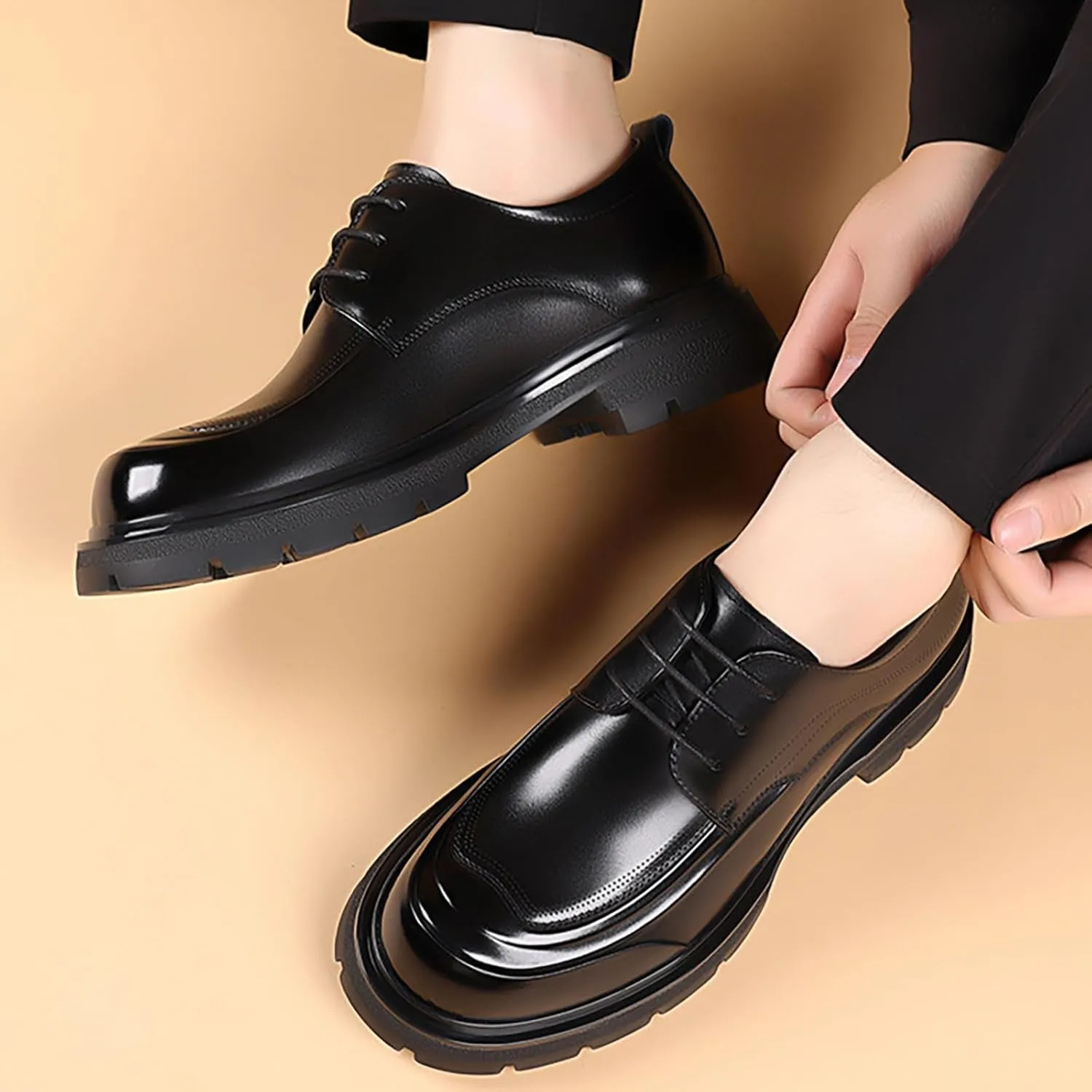 Men's Genuine Leather Platform Chunky Heel Oxford Shoes Classic Casual Lace Up Round Toe Lug Sole Dress Derby Shoes Work Office Business Height-Increasing Shoes
