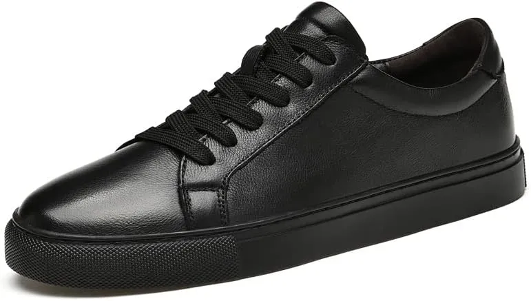 Men's Genuine Leather Sneakers, Casual Flat Skateboarding Shoes, Black, Large Sizes