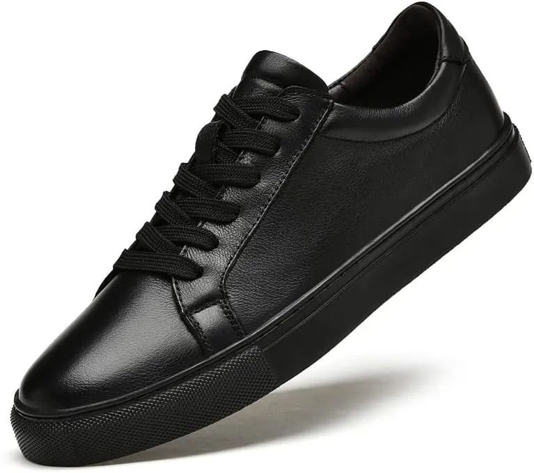 Men's Genuine Leather Sneakers, Casual Flat Skateboarding Shoes, Black, Large Sizes