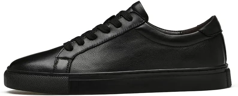 Men's Genuine Leather Sneakers, Casual Flat Skateboarding Shoes, Black, Large Sizes
