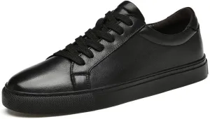 Men's Genuine Leather Sneakers, Casual Flat Skateboarding Shoes, Black, Large Sizes