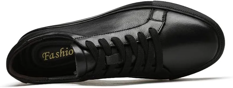 Men's Genuine Leather Sneakers, Casual Flat Skateboarding Shoes, Black, Large Sizes