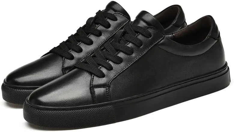 Men's Genuine Leather Sneakers, Casual Flat Skateboarding Shoes, Black, Large Sizes