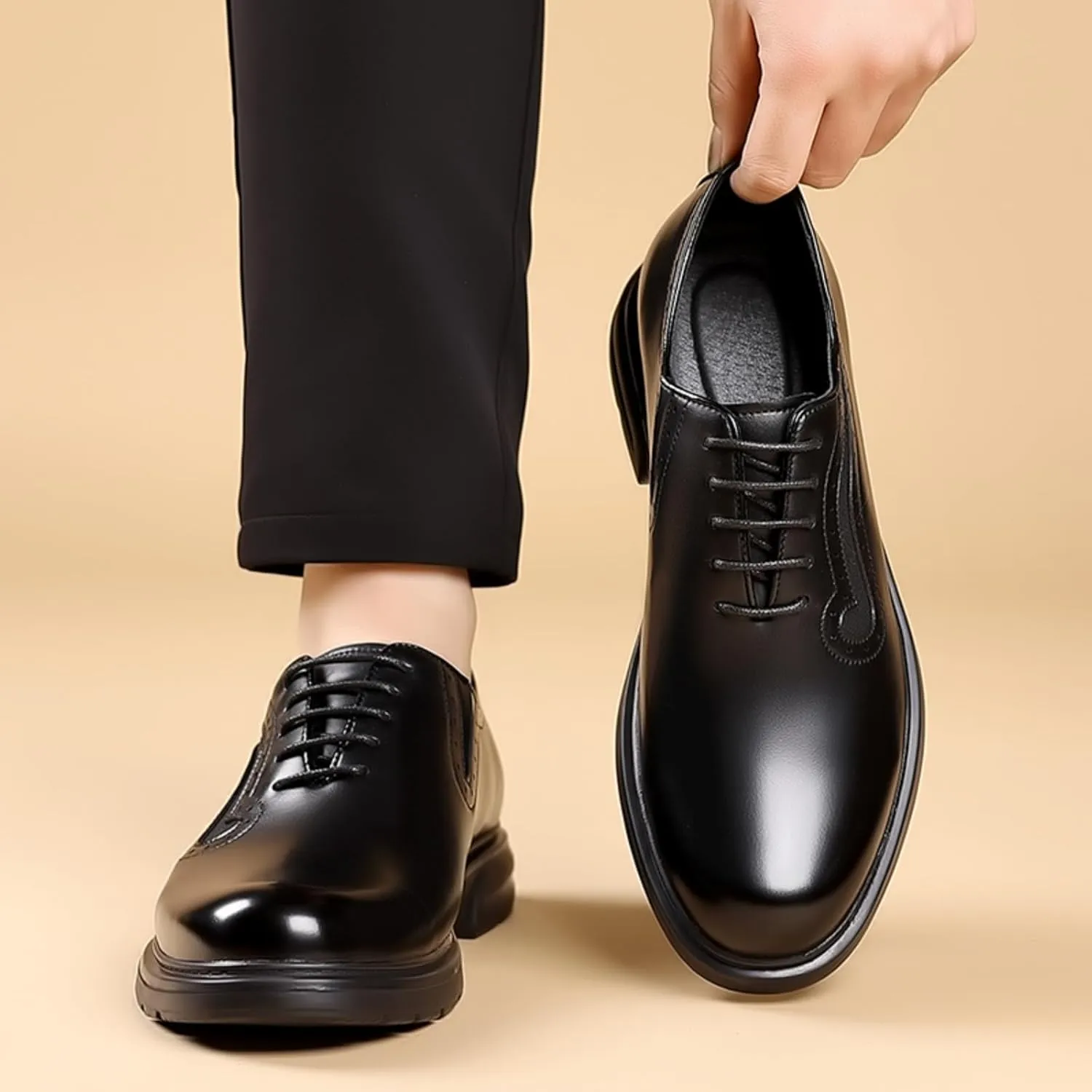 Mens Genuine Leather Wingtip Brogue Lace Up Dress Oxford Shoes Lightweight Non Slip Derby Shoes for Formal Business Wedding