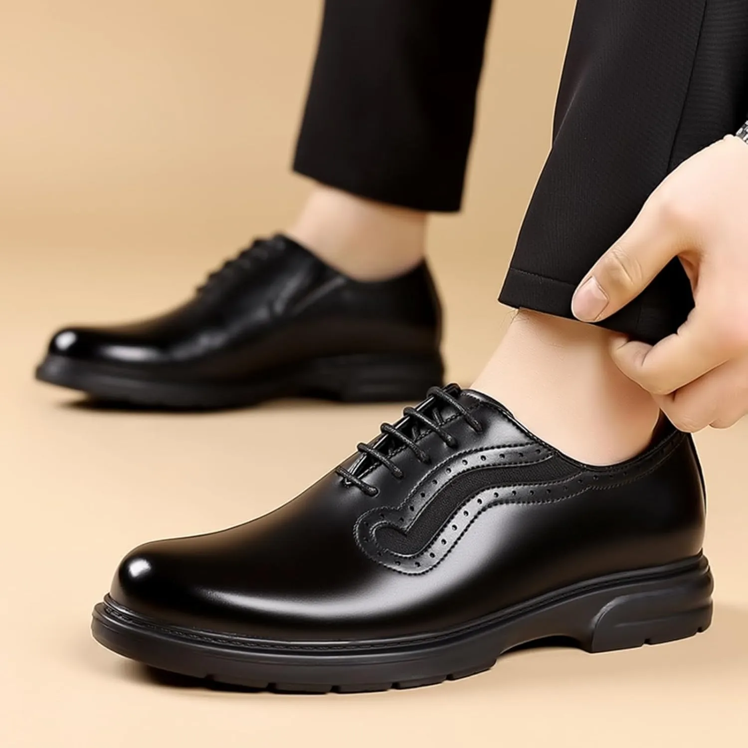 Mens Genuine Leather Wingtip Brogue Lace Up Dress Oxford Shoes Lightweight Non Slip Derby Shoes for Formal Business Wedding