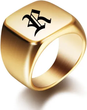 Mens Gold Color Flat Rings With Letter Engraved Stainless Steel Initial Female Big Ring (R-13)