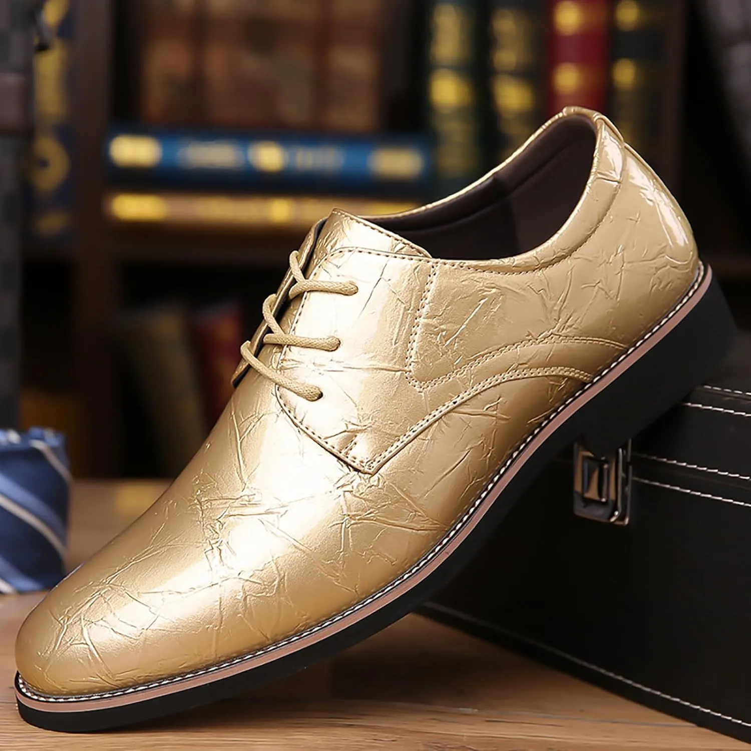 Men's High Gloss Low Chunky Heel Oxford Shoes Classic Lace Up Glitter Faux Patent Leather Tuxedo Derby Dress Shoes for Wedding Prom Business