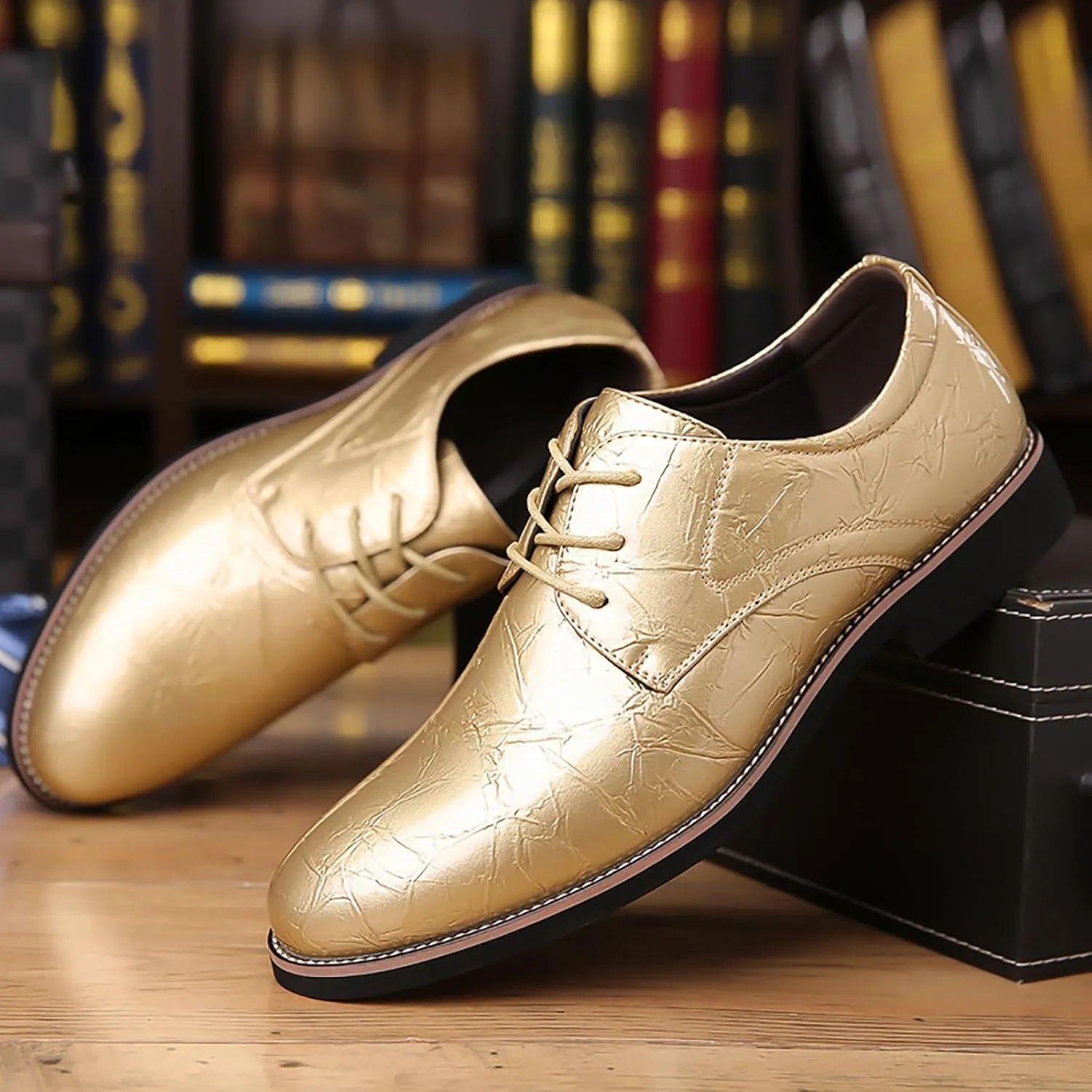 Men's High Gloss Low Chunky Heel Oxford Shoes Classic Lace Up Glitter Faux Patent Leather Tuxedo Derby Dress Shoes for Wedding Prom Business