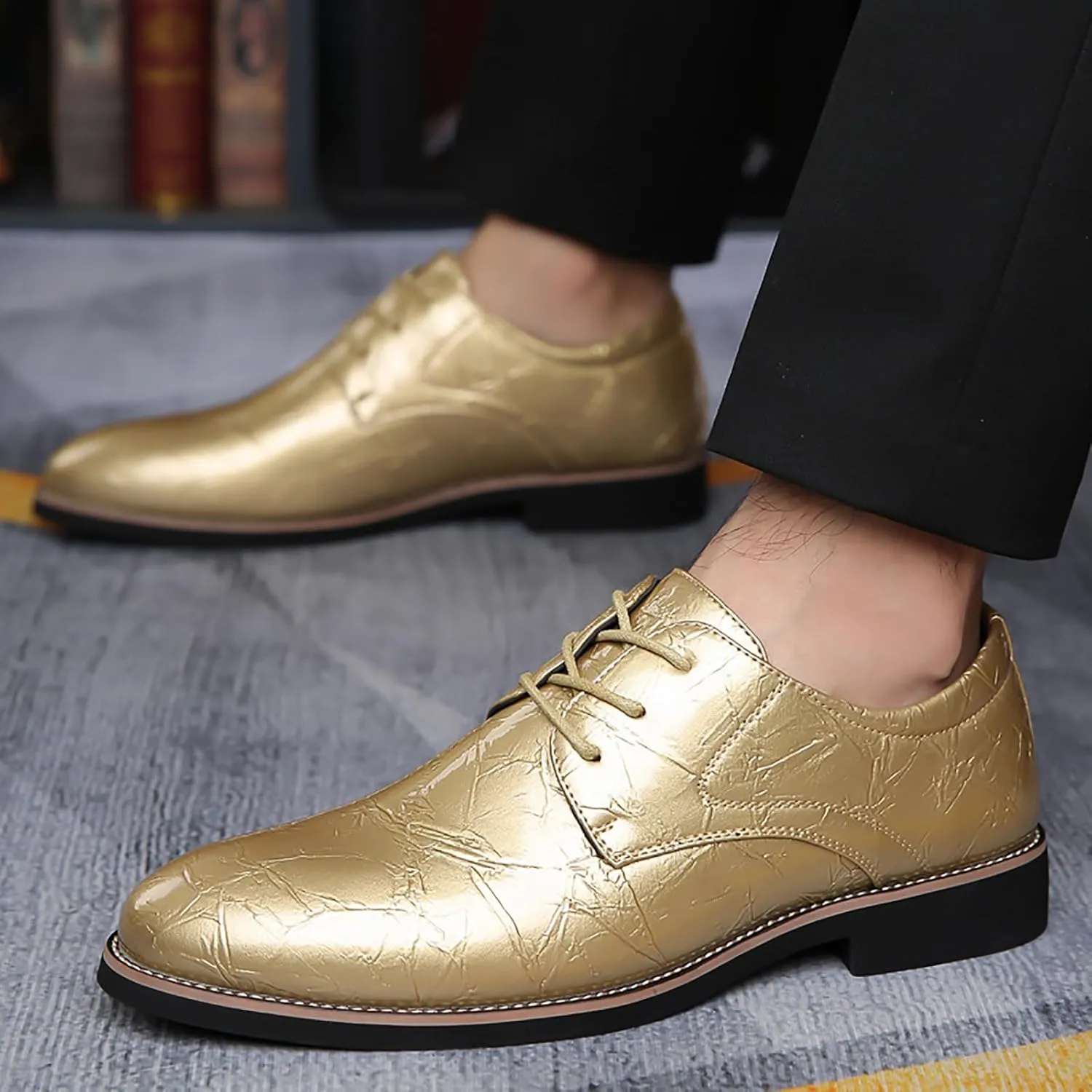 Men's High Gloss Low Chunky Heel Oxford Shoes Classic Lace Up Glitter Faux Patent Leather Tuxedo Derby Dress Shoes for Wedding Prom Business