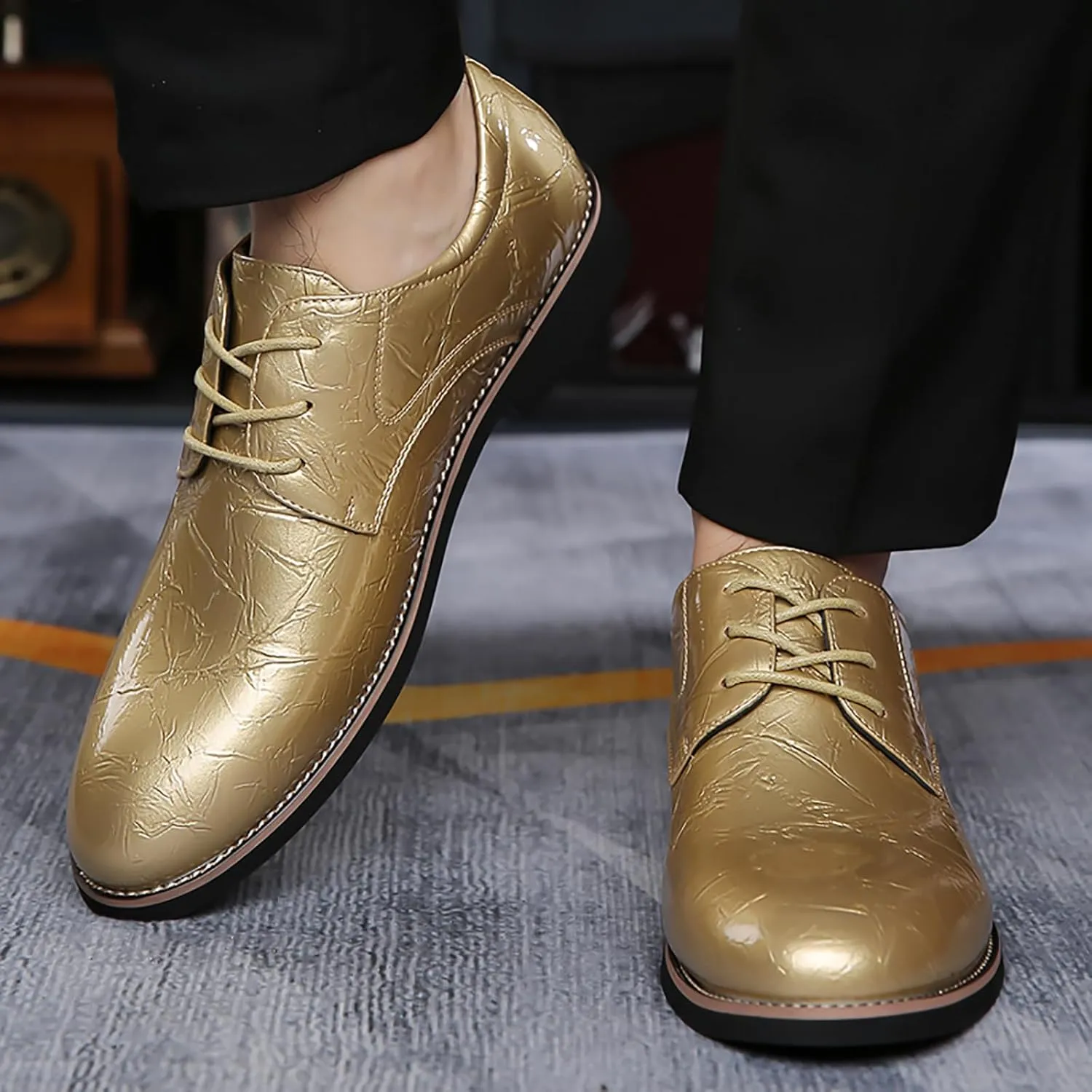 Men's High Gloss Low Chunky Heel Oxford Shoes Classic Lace Up Glitter Faux Patent Leather Tuxedo Derby Dress Shoes for Wedding Prom Business