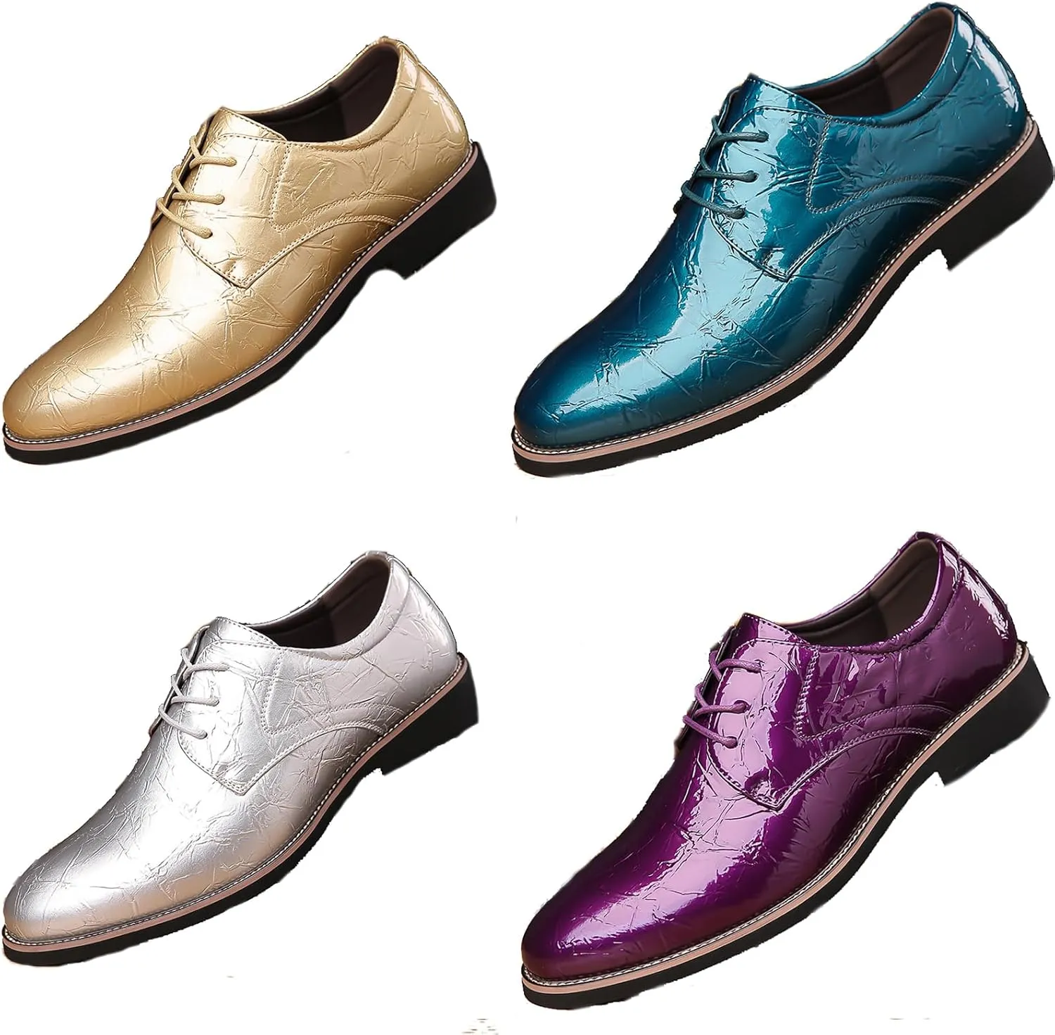 Men's High Gloss Low Chunky Heel Oxford Shoes Classic Lace Up Glitter Faux Patent Leather Tuxedo Derby Dress Shoes for Wedding Prom Business