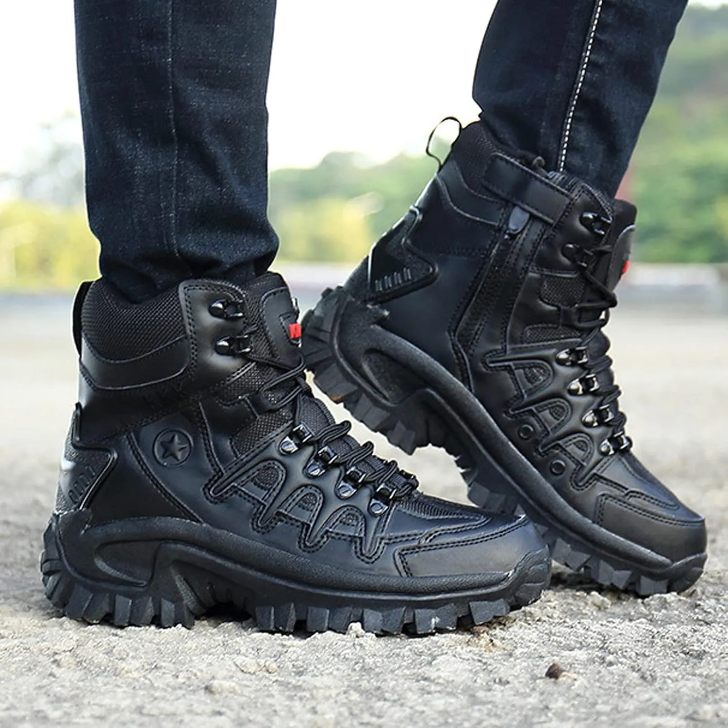 Mens Hiking Boots Waterproof Lace up Camping ​Boots Non-Slip Outdoor Travelling Backpacking Shoes for Trekking Walking-Black||EU38/US6.5