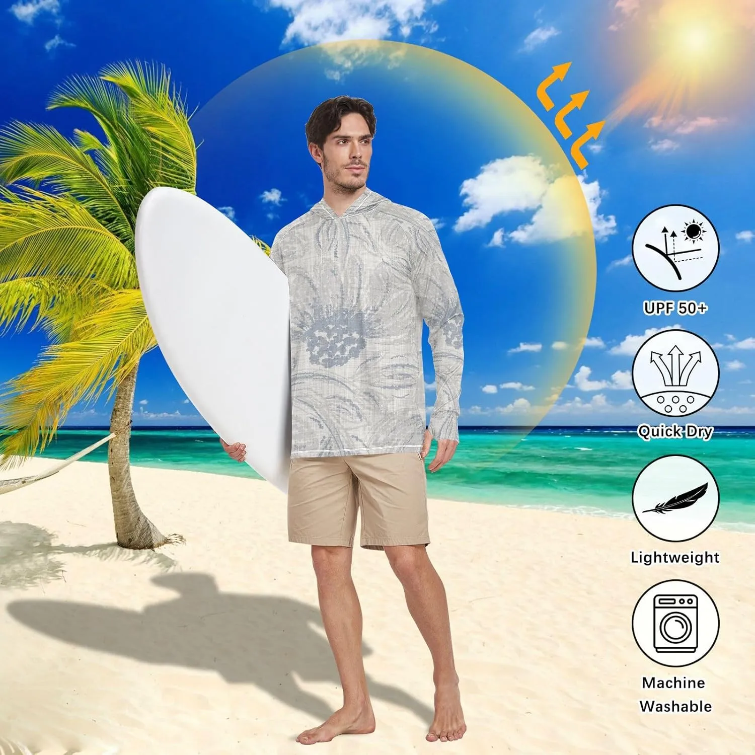 Mens Hoodie Sun Protection Long Sleeve French Farmhouse Floral Sun Shirt with Hood UPF 50  Adult Rash Guards Rash