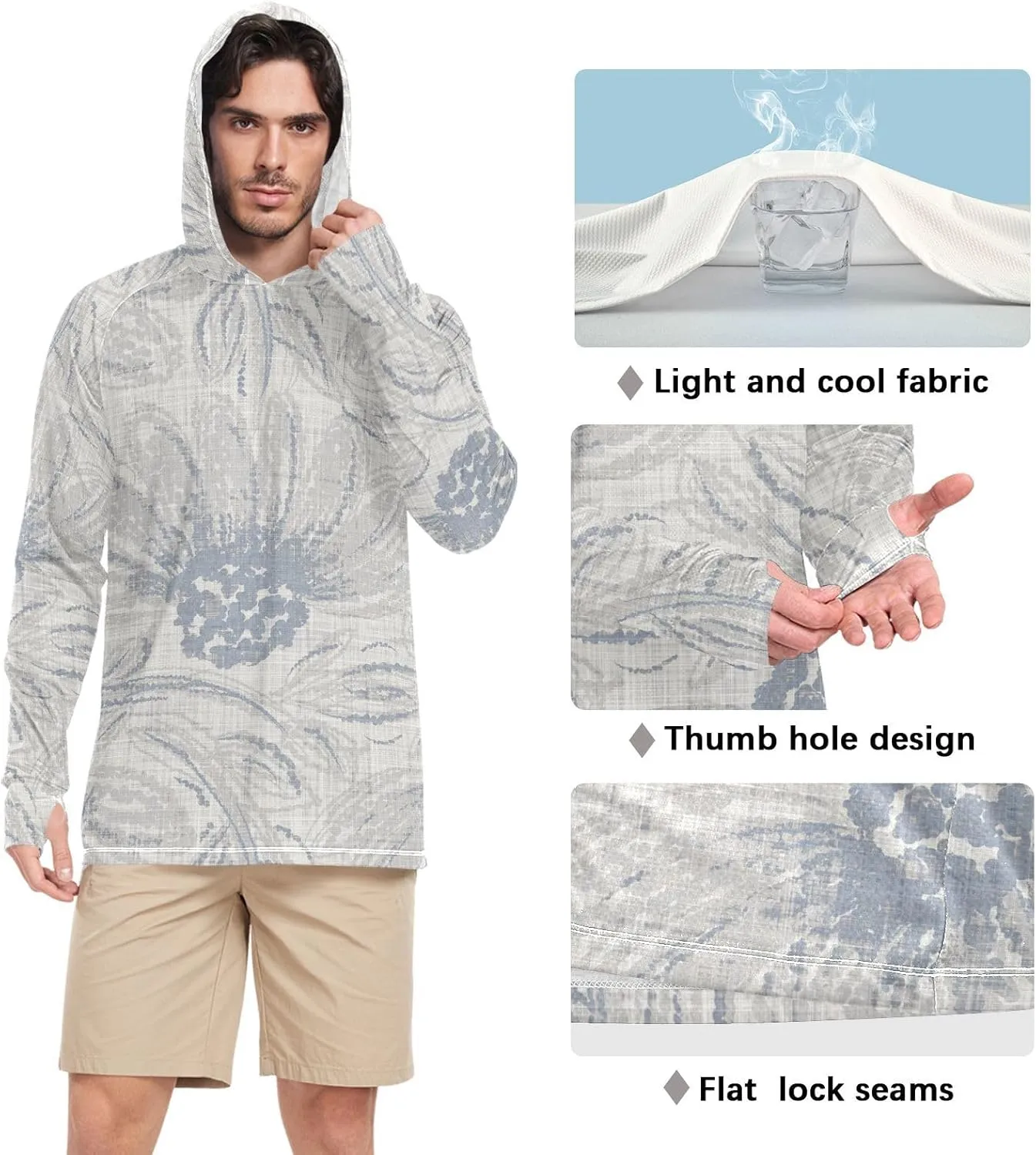Mens Hoodie Sun Protection Long Sleeve French Farmhouse Floral Sun Shirt with Hood UPF 50  Adult Rash Guards Rash