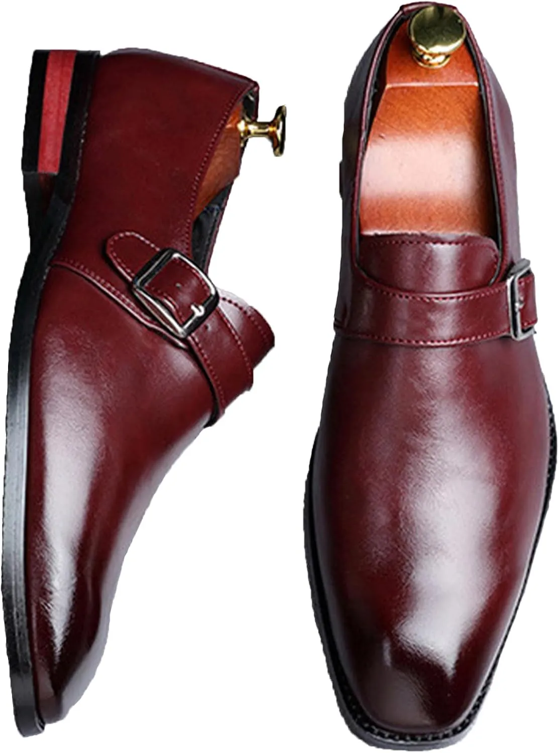Men's Leather Monk Buckle Formal Oxford Shoes Round Toe Slip-On Fashion Low Top Casual Business Formal Shoes