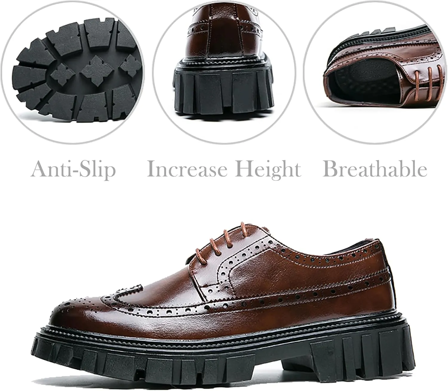Men's Leather Oxford Dress Shoes - Platform Wingtip Oxfords - Comfortable Business Formal Slip-Resistant Work Derby Shoes