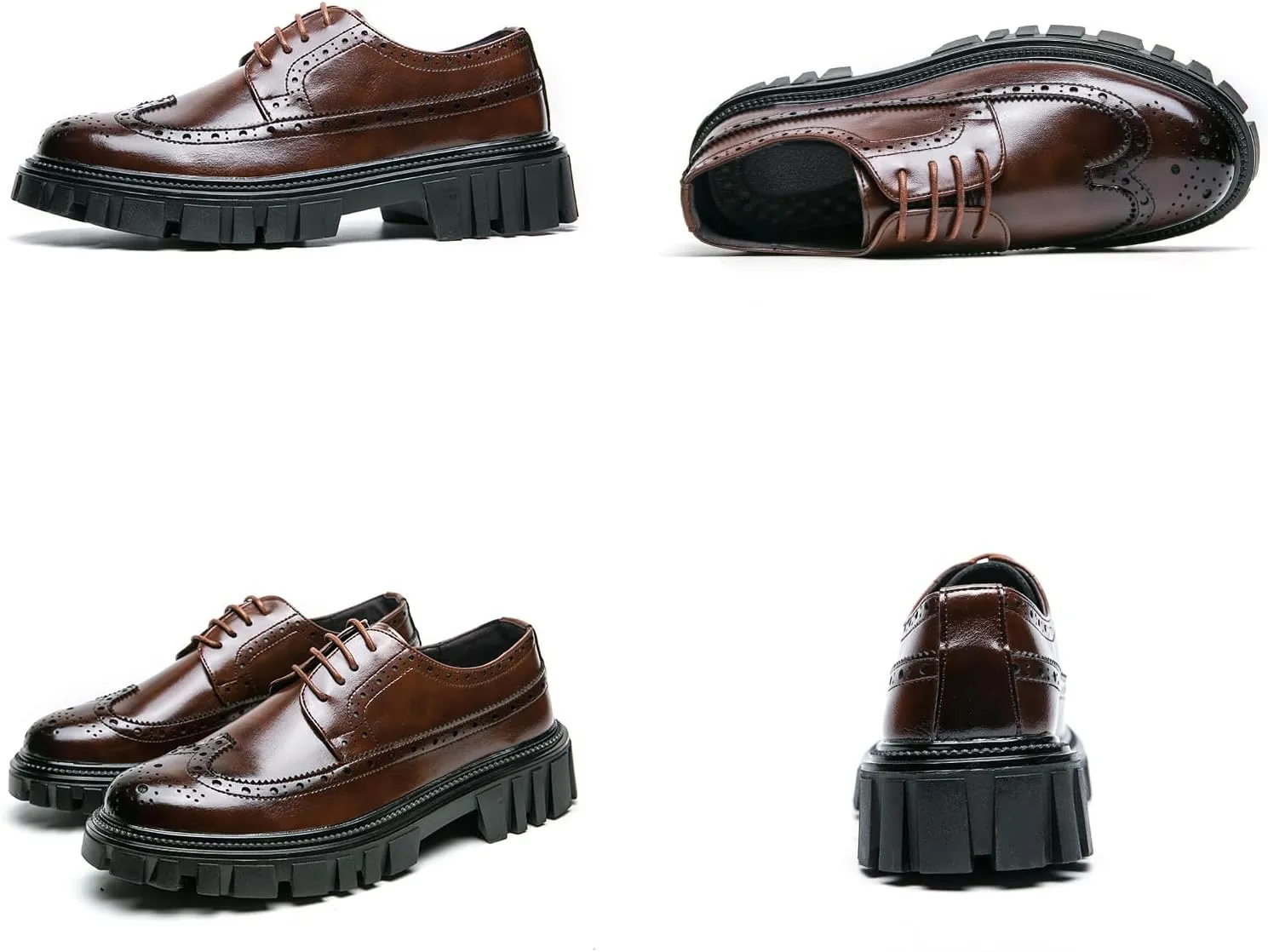 Men's Leather Oxford Dress Shoes - Platform Wingtip Oxfords - Comfortable Business Formal Slip-Resistant Work Derby Shoes