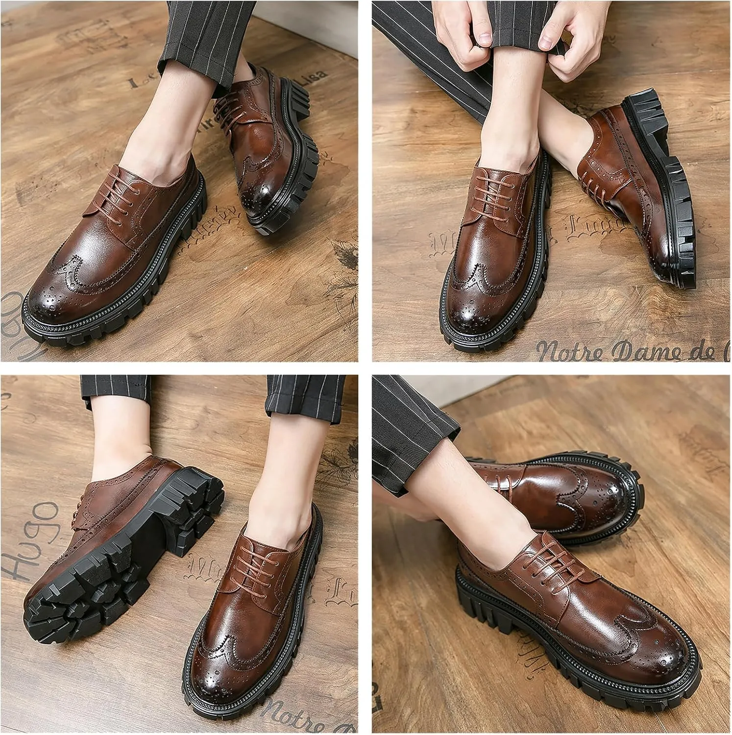 Men's Leather Oxford Dress Shoes - Platform Wingtip Oxfords - Comfortable Business Formal Slip-Resistant Work Derby Shoes