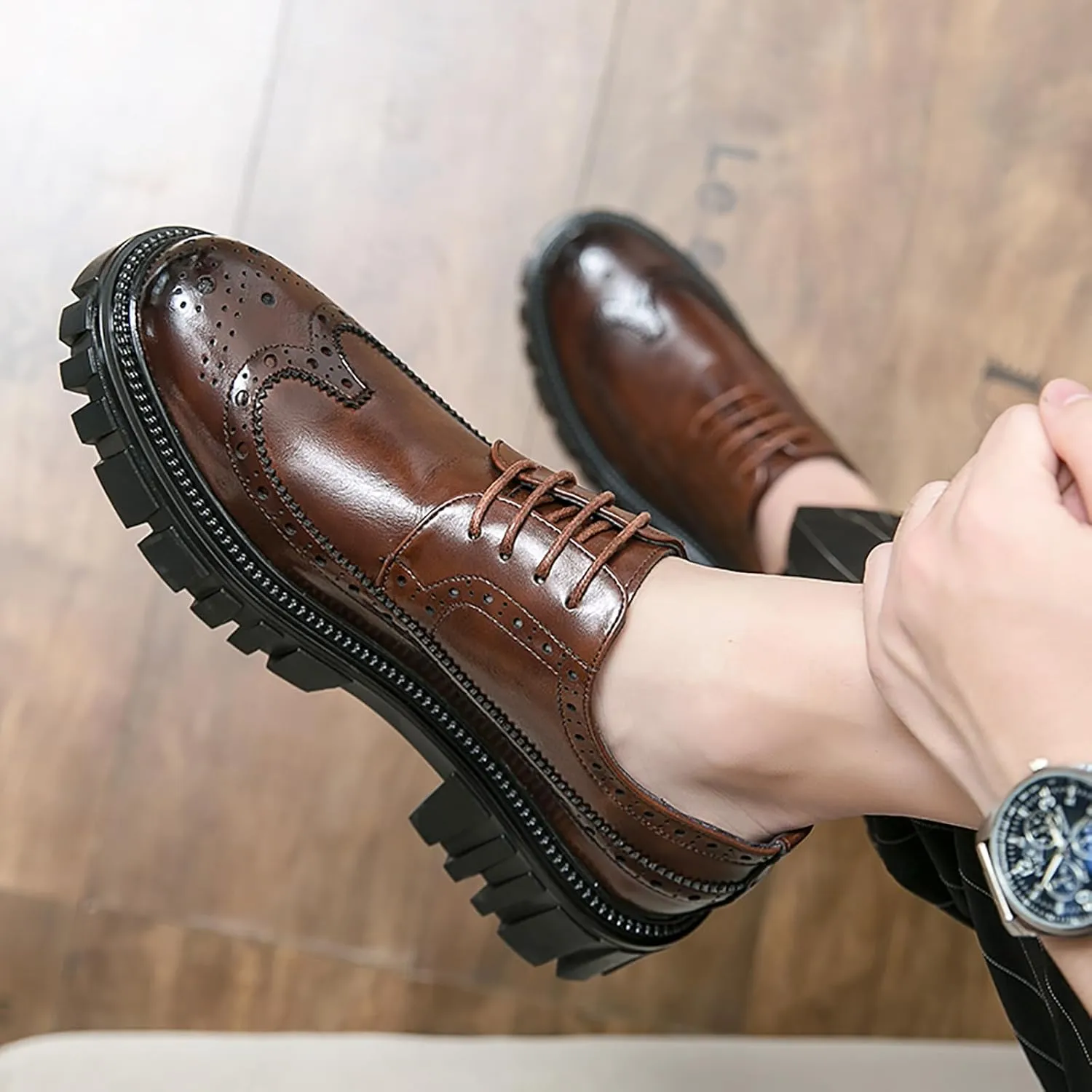 Men's Leather Oxford Dress Shoes - Platform Wingtip Oxfords - Comfortable Business Formal Slip-Resistant Work Derby Shoes